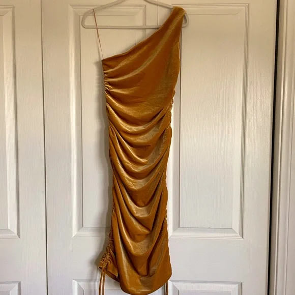 NWT House of Harlow 1960 Women’s Slinky Ruched Velvet Mini Dress Gold X-Small - Picture 5 of 14